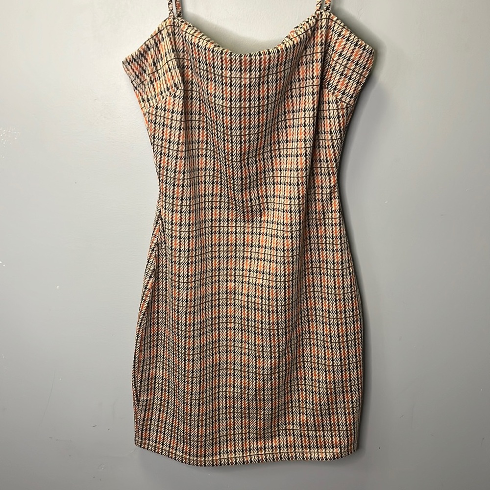 Houndstooth Spaghetti Strap Dress, Mini, Orange and Brown